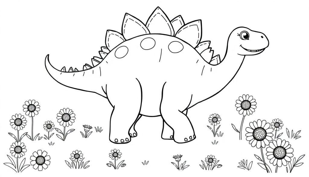 Schwarz-Weiß-Farbtafel eines freundlichen Stegosaurus mit Platten auf dem Rücken und einem Stachelschwanz, der in einem Feld aus Gänseblümchen steht.