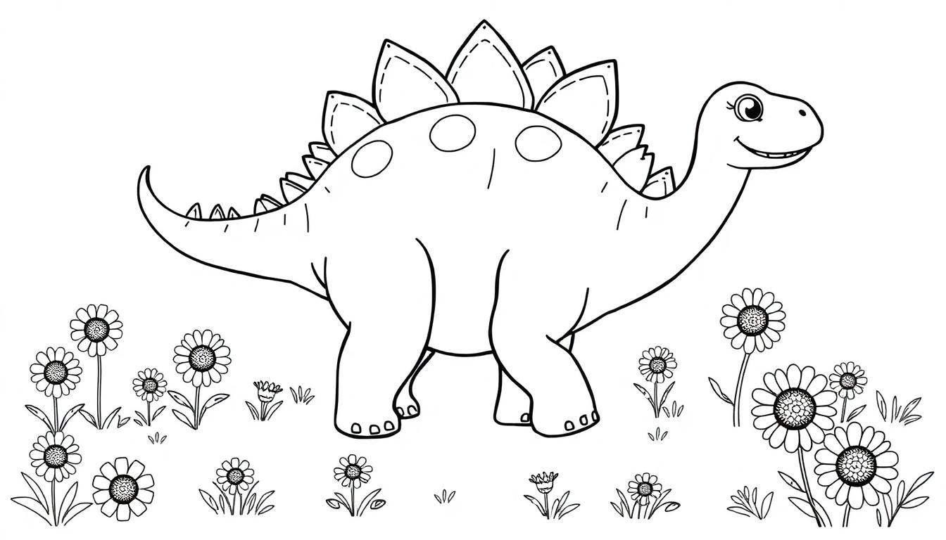Schwarz-Weiß-Farbtafel eines freundlichen Stegosaurus mit Platten auf dem Rücken und einem Stachelschwanz, der in einem Feld aus Gänseblümchen steht.