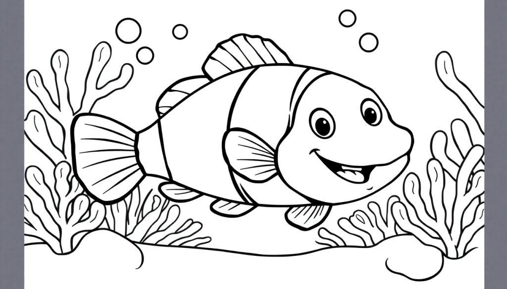 Eine Schwarz-Weiß-Farbtafel eines fröhlichen Cartoon-Fisches, der von Korallen und Seetang umgeben ist.