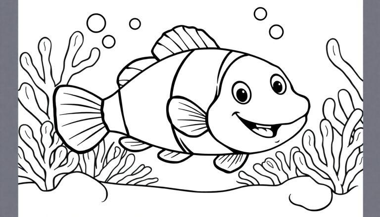 Eine Schwarz-Weiß-Farbtafel eines fröhlichen Cartoon-Fisches, der von Korallen und Seetang umgeben ist.