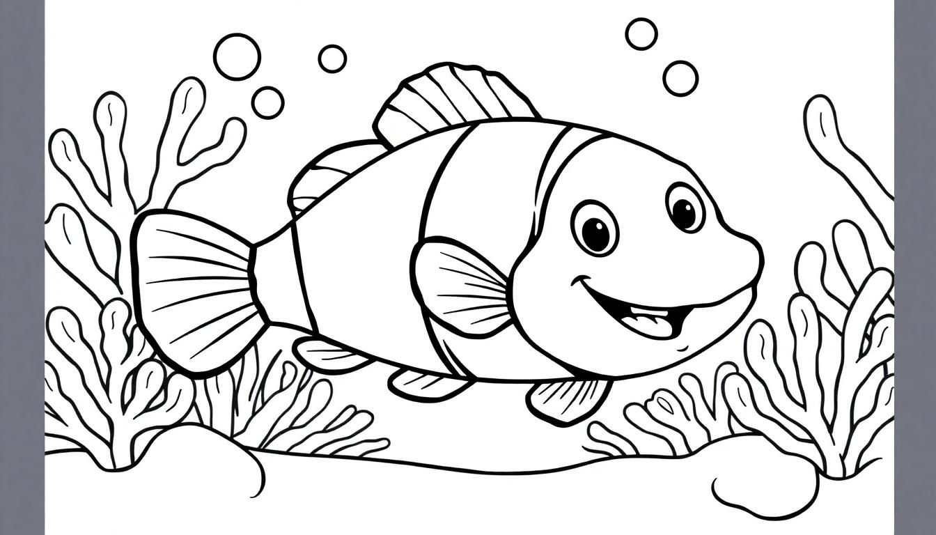 Eine Schwarz-Weiß-Farbtafel eines fröhlichen Cartoon-Fisches, der von Korallen und Seetang umgeben ist.