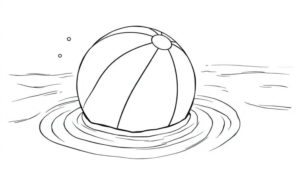 Eine Schwarz-Weiß-Farbtafel eines großen, runden Wasserballs, der auf dem Wasser schwimmt und Wellen erzeugt.