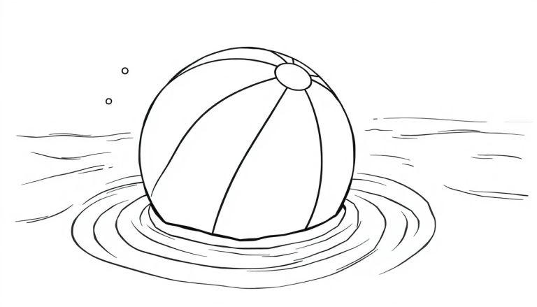 Eine Schwarz-Weiß-Farbtafel eines großen, runden Wasserballs, der auf dem Wasser schwimmt und Wellen erzeugt.