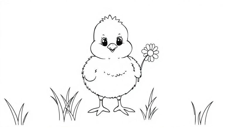 Farbtafel: Ein flauschiges Küken hält eine Gänseblümchenblume auf einer grünen Wiese.