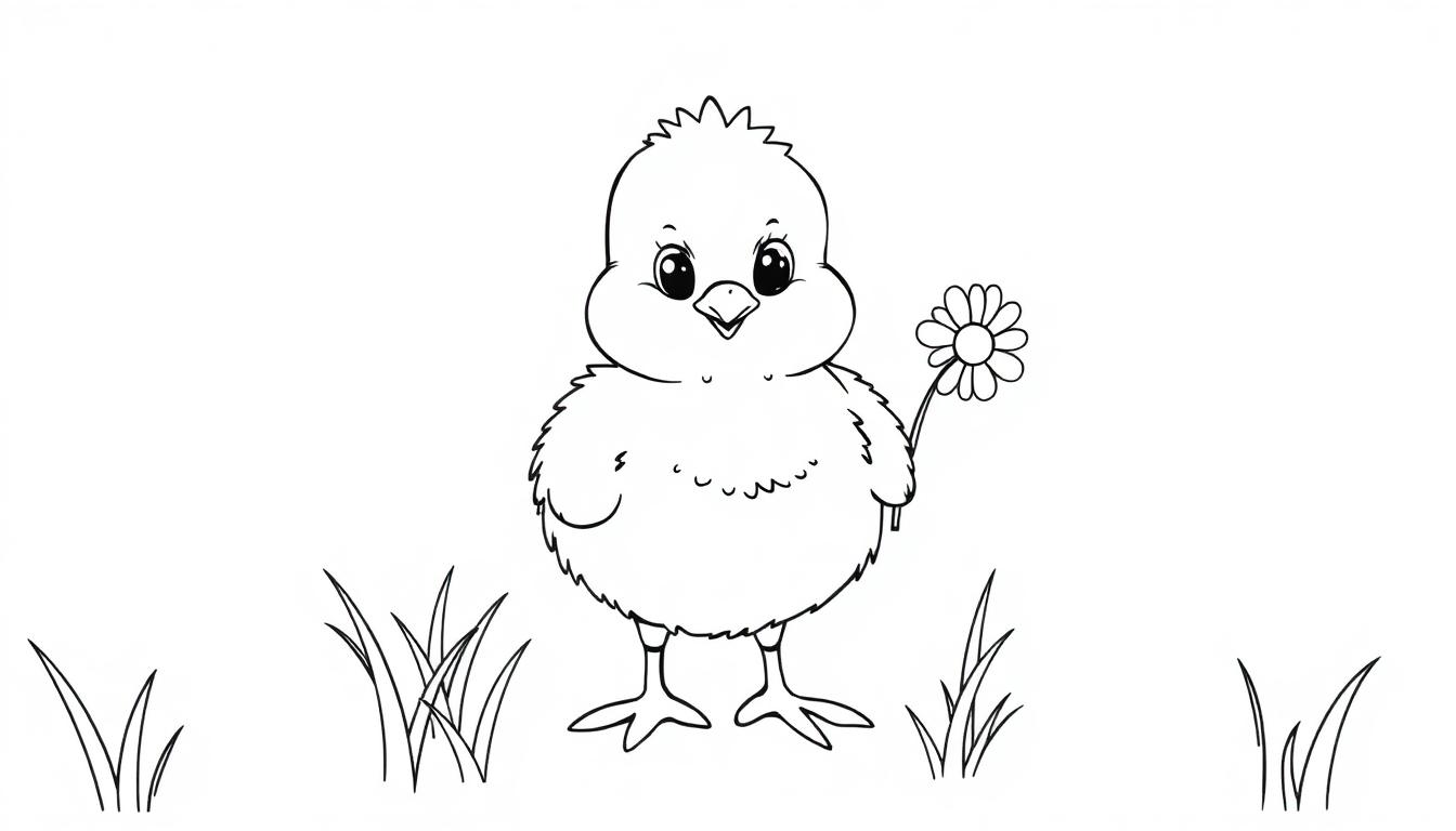 Farbtafel: Ein flauschiges Küken hält eine Gänseblümchenblume auf einer grünen Wiese.