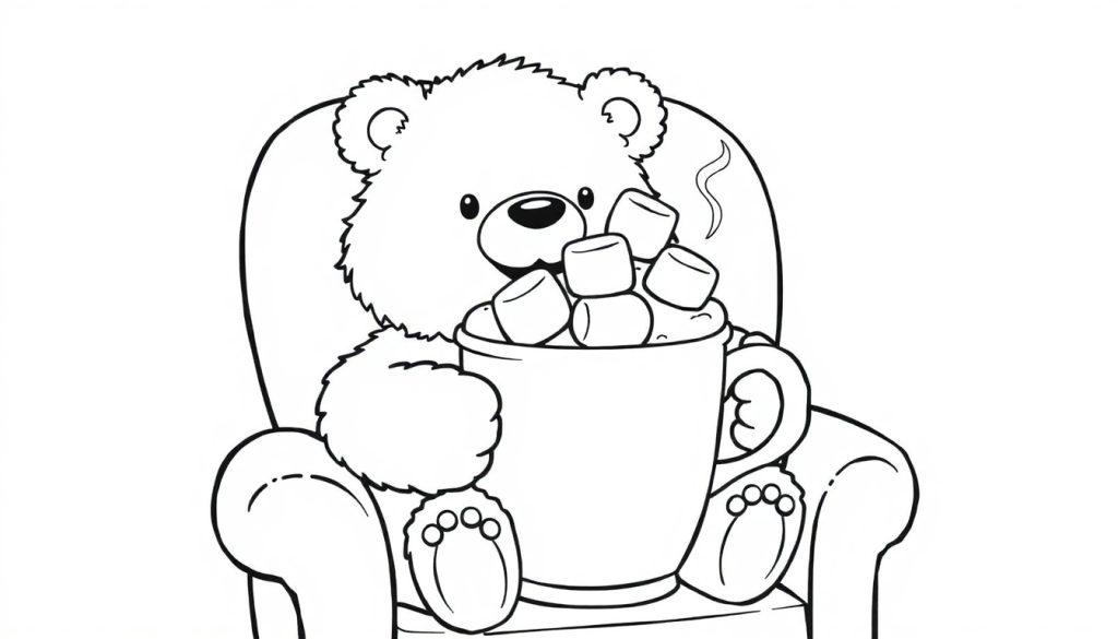 Ein süßer Bär in einem gemütlichen Sessel trinkt heiße Schokolade mit Marshmallows, eine Schwarz-Weiß-Farbtafel-Zeichnung für Kinder.