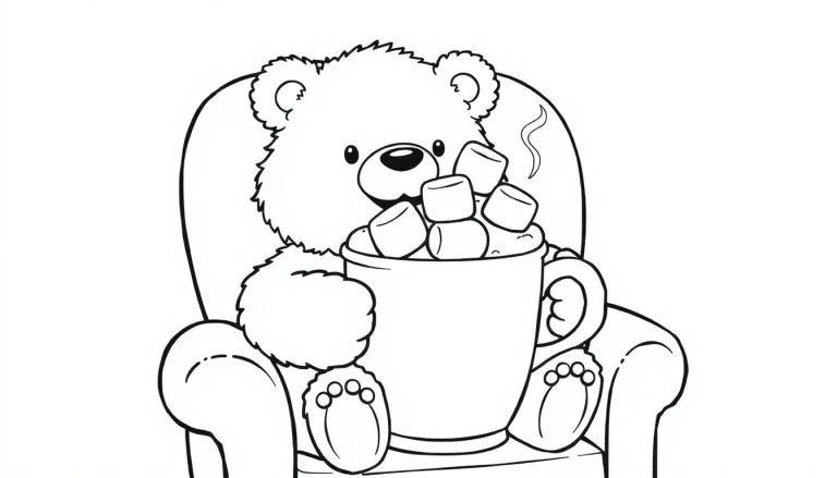 Ein süßer Bär in einem gemütlichen Sessel trinkt heiße Schokolade mit Marshmallows, eine Schwarz-Weiß-Farbtafel-Zeichnung für Kinder.