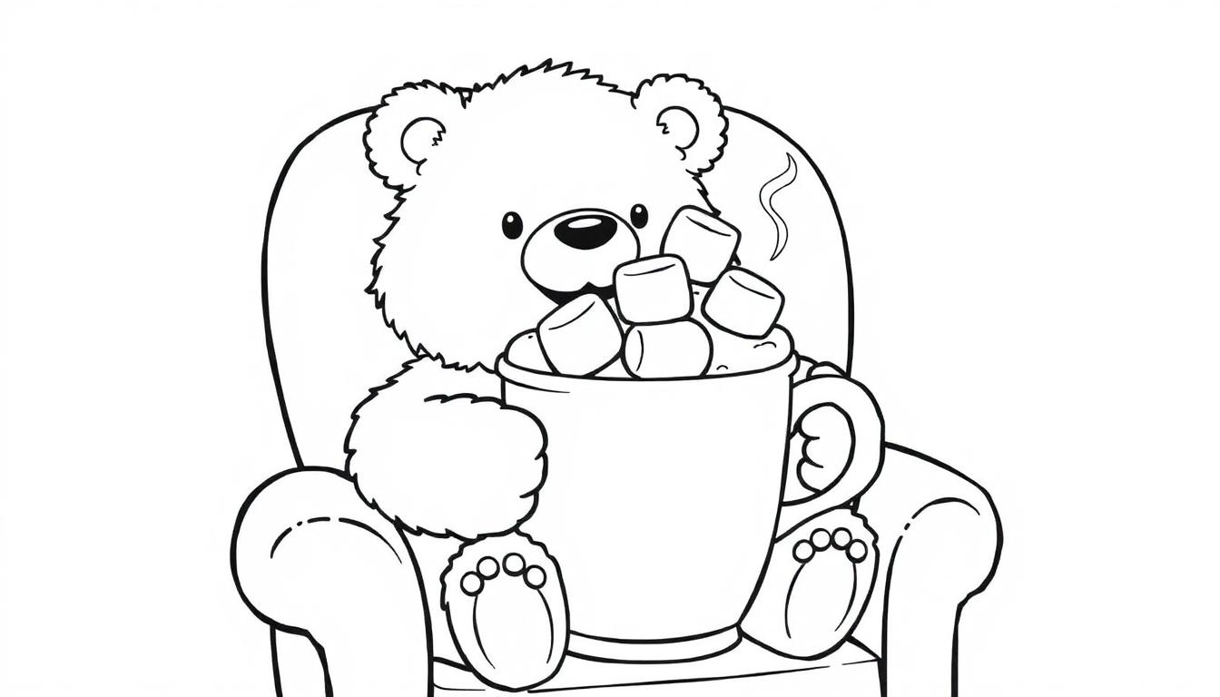 Ein süßer Bär in einem gemütlichen Sessel trinkt heiße Schokolade mit Marshmallows, eine Schwarz-Weiß-Farbtafel-Zeichnung für Kinder.