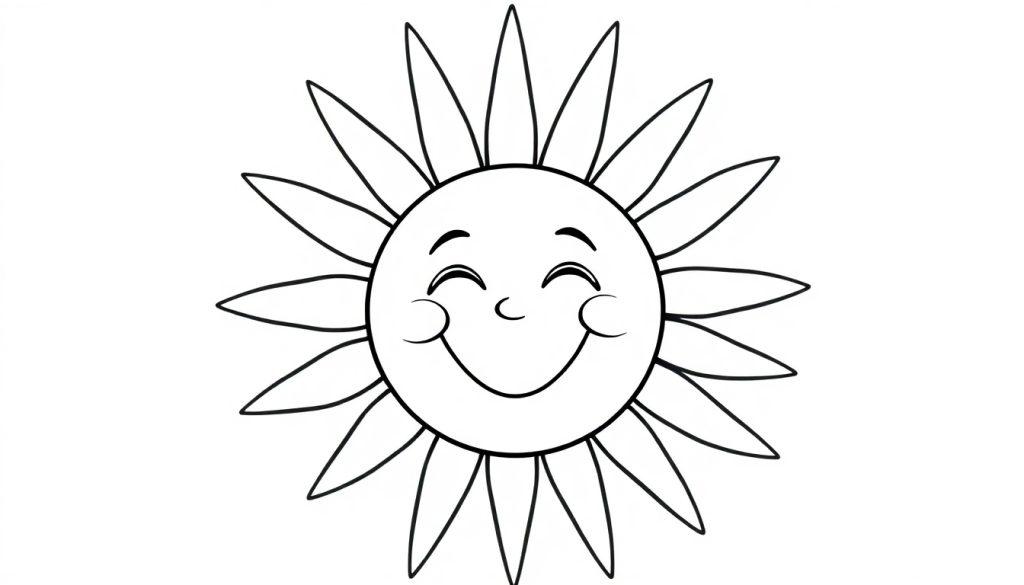 Eine Schwarz-Weiß-Farbtafel einer Cartoon-Sonne mit einem freundlichen, lächelnden Gesicht und Strahlen.