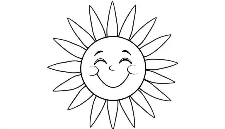 Eine Schwarz-Weiß-Farbtafel einer Cartoon-Sonne mit einem freundlichen, lächelnden Gesicht und Strahlen.