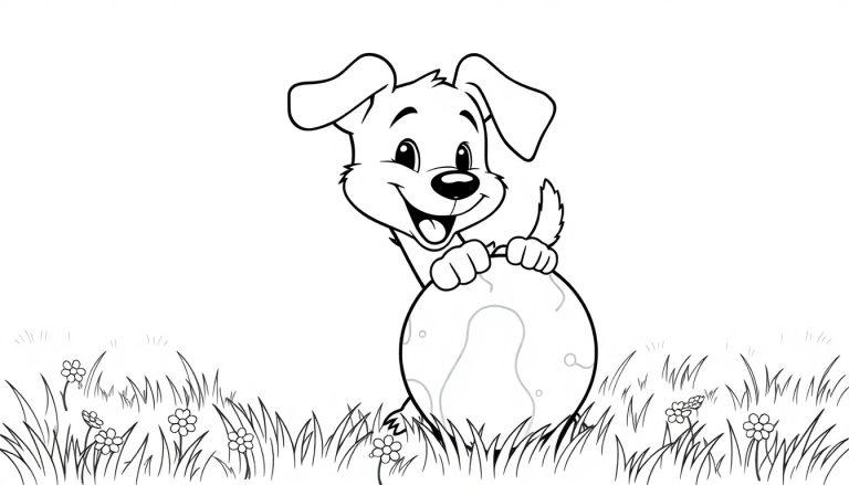 Eine cartoonartige Farbtafel eines glücklichen Hundes mit einem Ball in einer Blumenwiese.