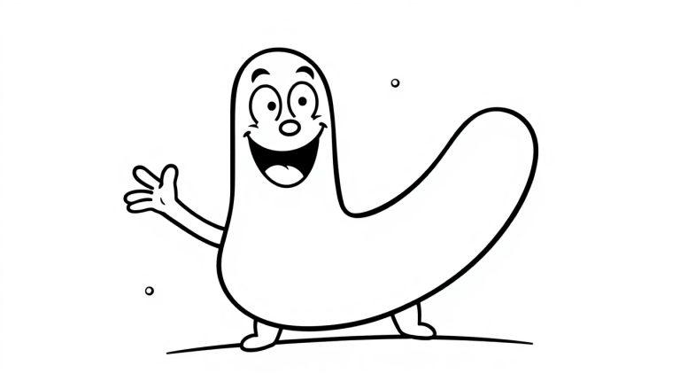 Eine schwarz-weiße Farbtafel eines freundlichen Cartoon-Wurms, der winkt.