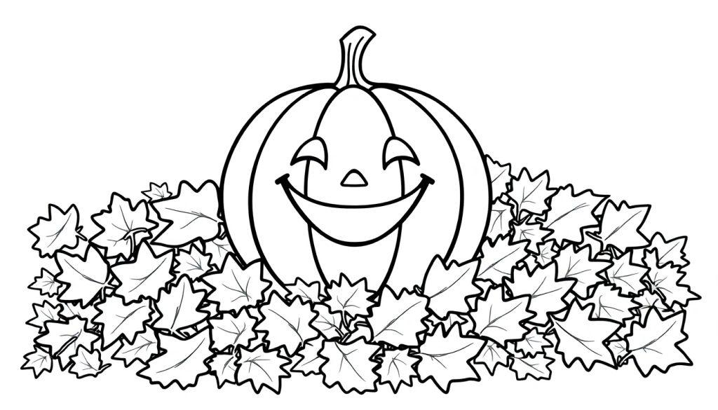 Eine Schwarz-Weiß-Farbtafel eines lächelnden Kürbisses inmitten von Herbstblättern.