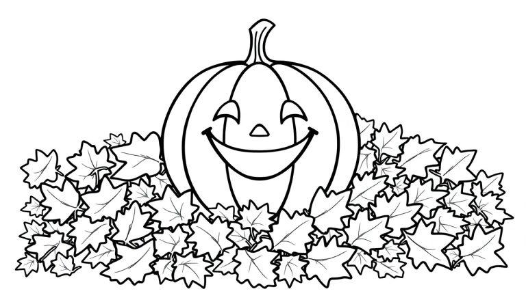 Eine Schwarz-Weiß-Farbtafel eines lächelnden Kürbisses inmitten von Herbstblättern.