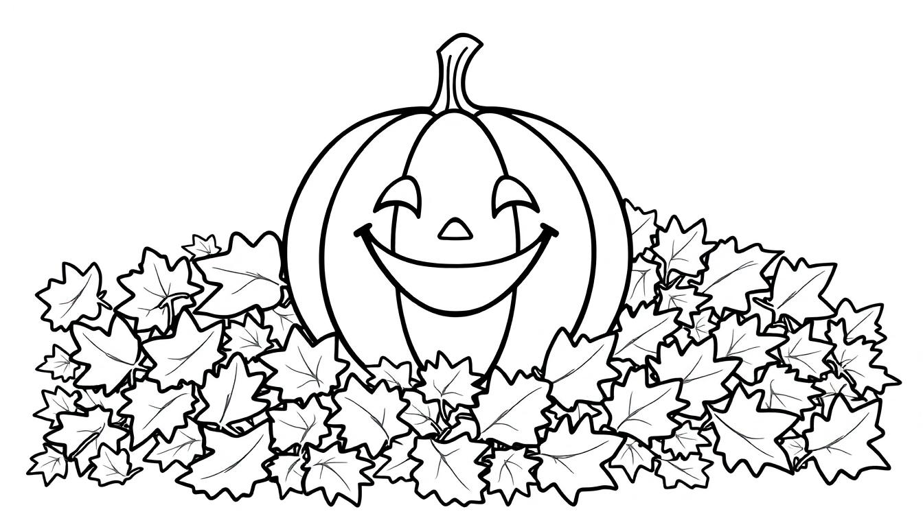 Eine Schwarz-Weiß-Farbtafel eines lächelnden Kürbisses inmitten von Herbstblättern.