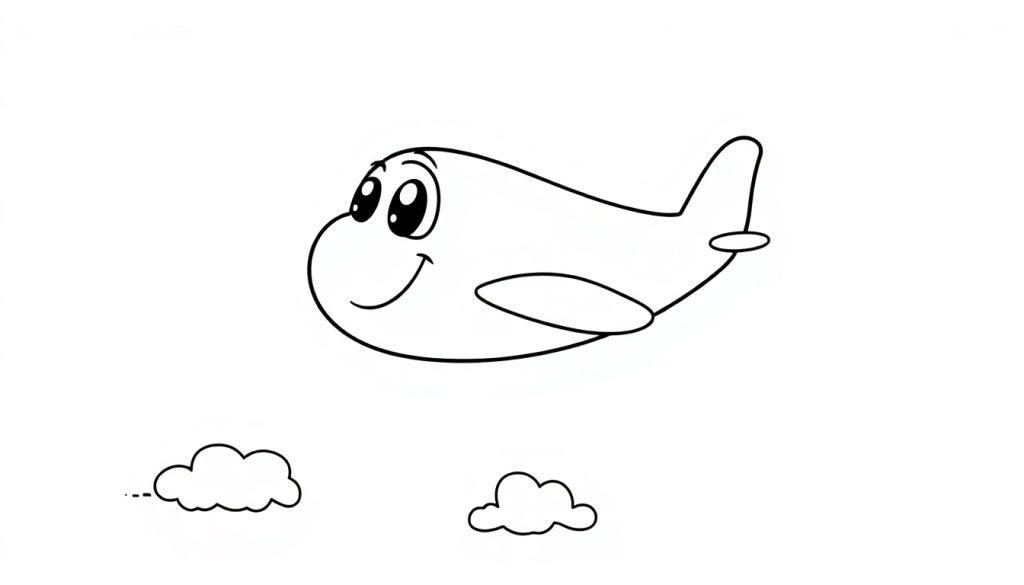 Eine Schwarz-Weiß-Farbtafel eines freundlichen Cartoon-Flugzeugs mit einem Gesicht, das durch stilisierte Wolken fliegt.