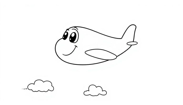 Eine Schwarz-Weiß-Farbtafel eines freundlichen Cartoon-Flugzeugs mit einem Gesicht, das durch stilisierte Wolken fliegt.