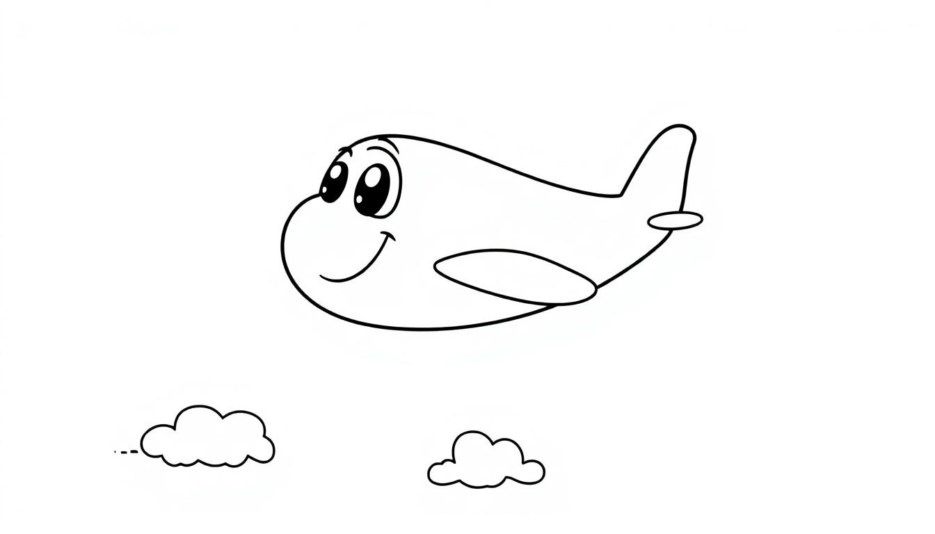 Eine Schwarz-Weiß-Farbtafel eines freundlichen Cartoon-Flugzeugs mit einem Gesicht, das durch stilisierte Wolken fliegt.