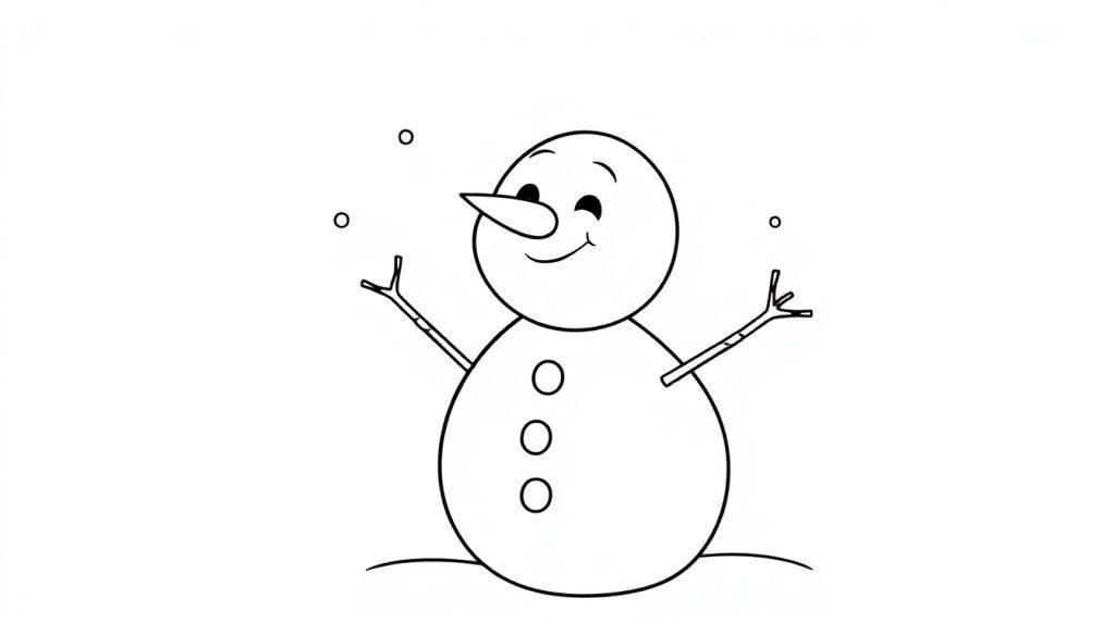 Schwarzweiß-Cartoon-Farbtafel eines lächelnden Schneemanns mit Karottennase, der von Schneeflocken umgeben ist.