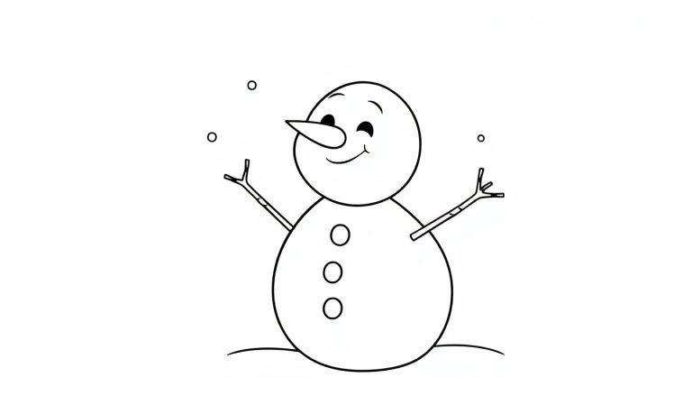 Schwarzweiß-Cartoon-Farbtafel eines lächelnden Schneemanns mit Karottennase, der von Schneeflocken umgeben ist.