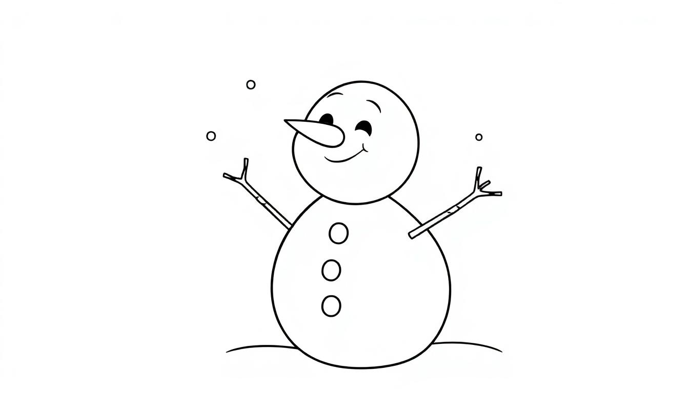Schwarzweiß-Cartoon-Farbtafel eines lächelnden Schneemanns mit Karottennase, der von Schneeflocken umgeben ist.