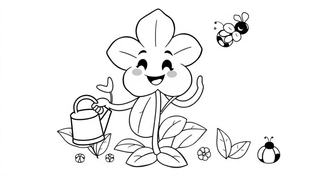 Eine lächelnde Jasmin-Blume mit einer Gießkanne, umgeben von Insekten, bereit für eine Farbtafel.