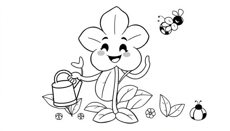 Eine lächelnde Jasmin-Blume mit einer Gießkanne, umgeben von Insekten, bereit für eine Farbtafel.