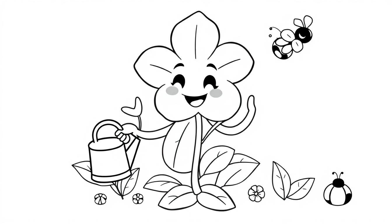 Eine lächelnde Jasmin-Blume mit einer Gießkanne, umgeben von Insekten, bereit für eine Farbtafel.