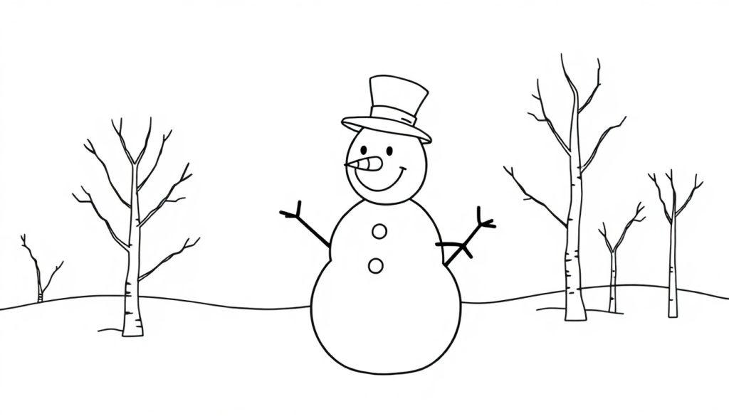 Schwarz-Weiß-Farbtafel: Ein fröhlicher Schneemann mit Zylinder und Kohleknöpfen in einem verschneiten Wald.