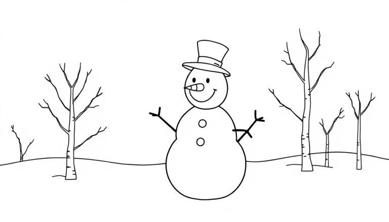 Schwarz-Weiß-Farbtafel: Ein fröhlicher Schneemann mit Zylinder und Kohleknöpfen in einem verschneiten Wald.