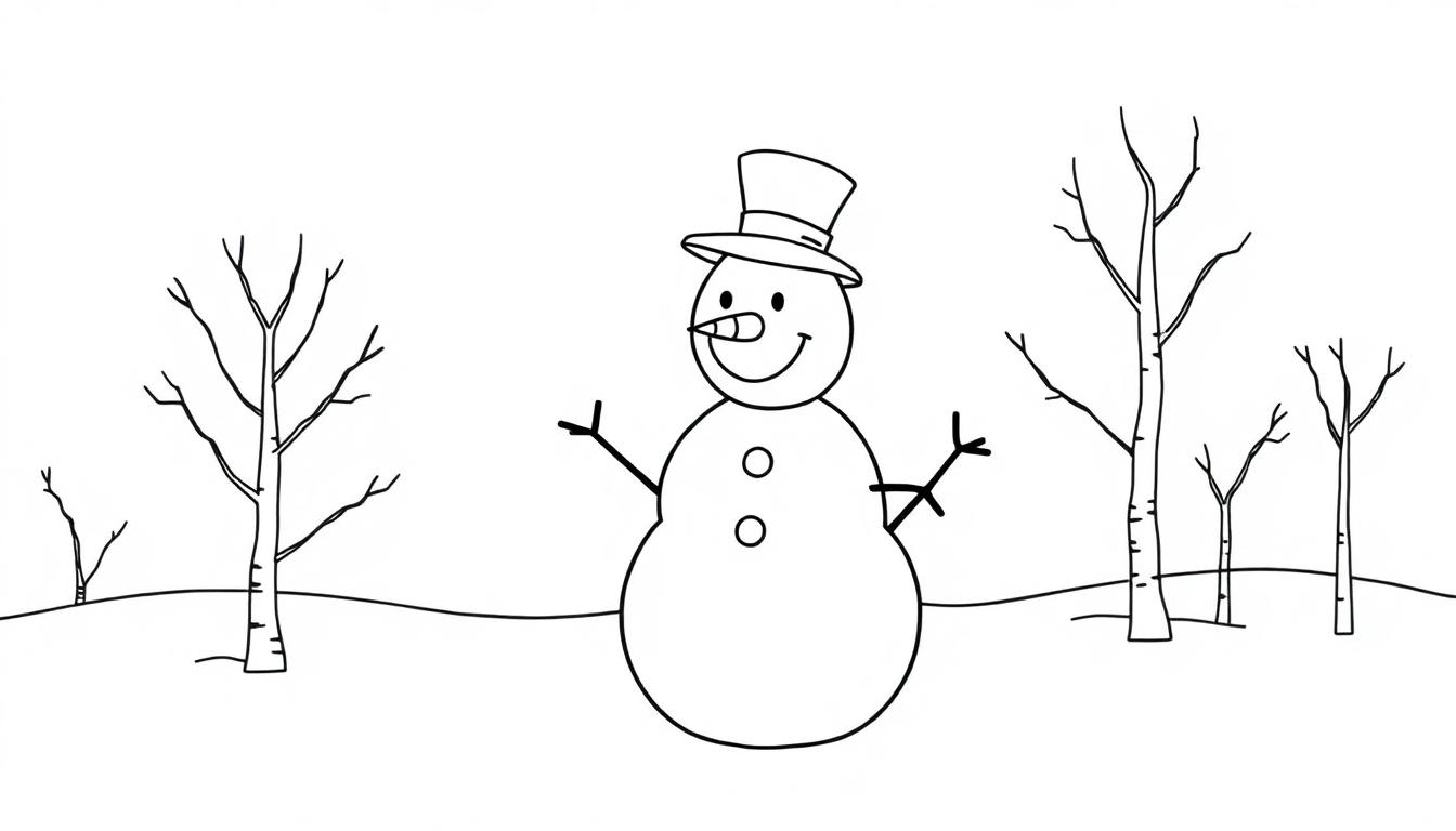 Schwarz-Weiß-Farbtafel: Ein fröhlicher Schneemann mit Zylinder und Kohleknöpfen in einem verschneiten Wald.