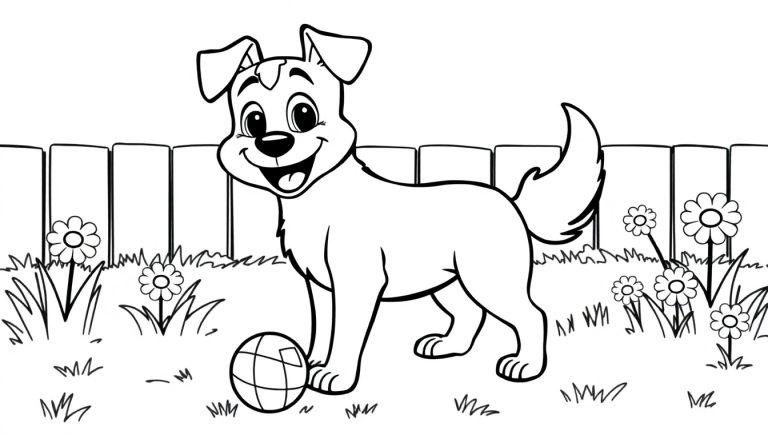 Ein niedlicher Hund, bereit zum Ausmalen, mit einem Ball im Garten.