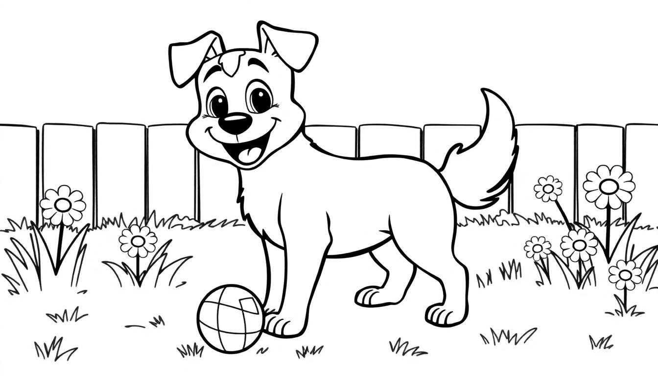 Ein niedlicher Hund, bereit zum Ausmalen, mit einem Ball im Garten.