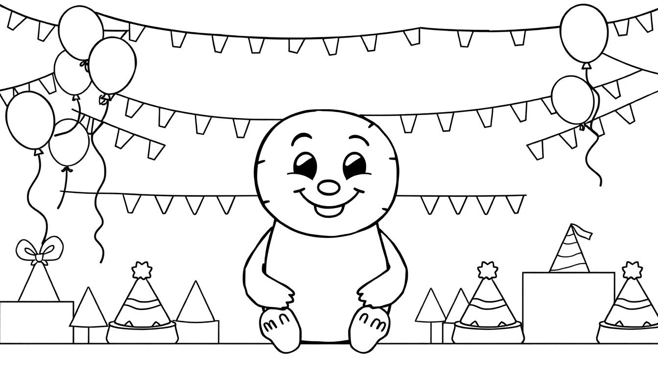 Eine einfache, skizzenhafte Darstellung einer Kinderparty mit einer lächelnden Figur in der Mitte, umgeben von Girlanden, Ballons und Partyhüten.