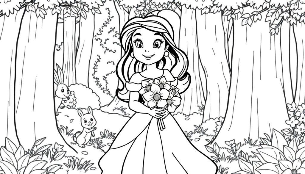Eine Farbtafel-Zeichnung einer Prinzessin mit Blumen und Hasen im Wald.