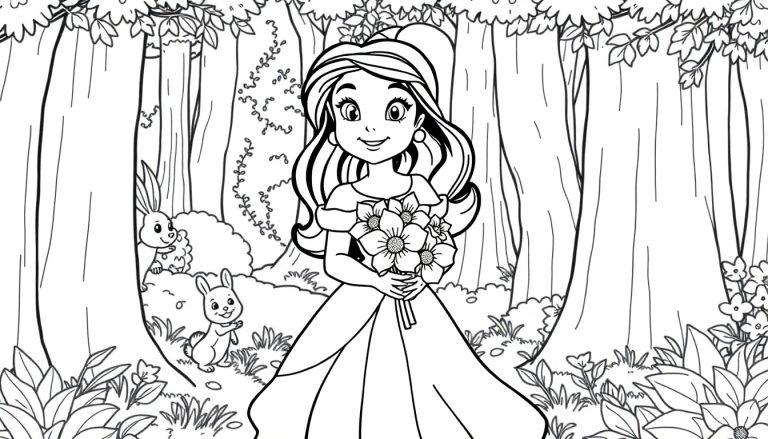 Eine Farbtafel-Zeichnung einer Prinzessin mit Blumen und Hasen im Wald.