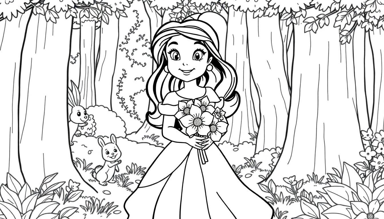 Eine Farbtafel-Zeichnung einer Prinzessin mit Blumen und Hasen im Wald.