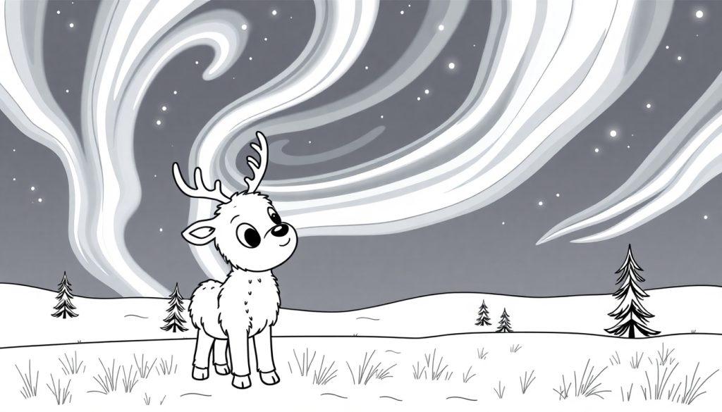 Eine Schwarzweiß-Farbtafel-Zeichnung eines niedlichen Cartoon-Rentiers, das unter dem Nordlicht steht.