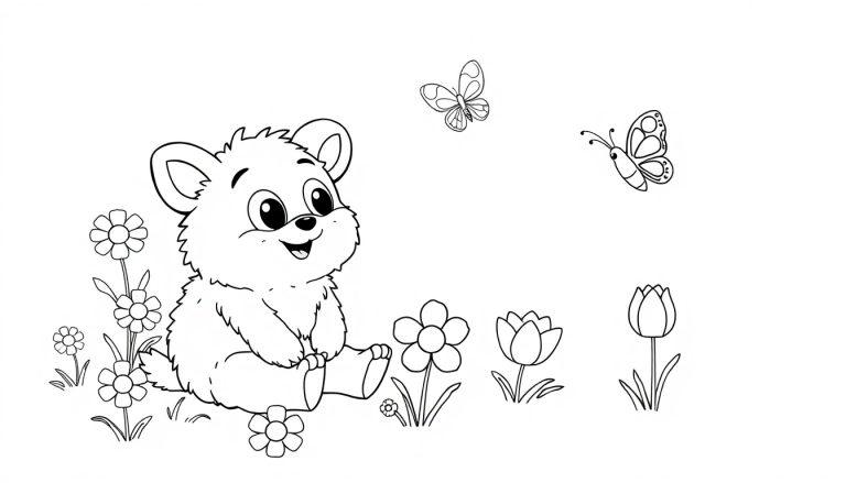 Schwarz-weiß Malvorlage einer Farbtafel eines lächelnden Cartoon-Bären auf einer Blumenwiese mit Schmetterlingen.