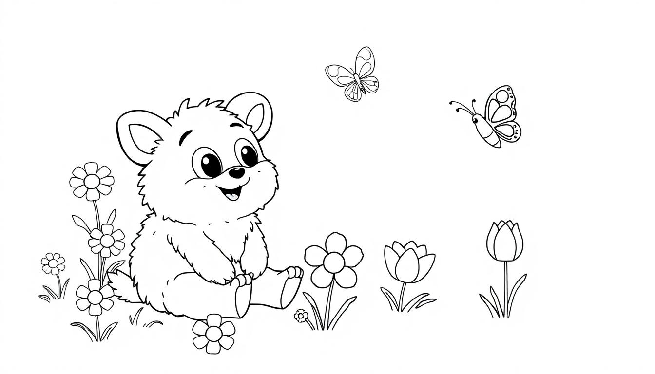 Schwarz-weiß Malvorlage einer Farbtafel eines lächelnden Cartoon-Bären auf einer Blumenwiese mit Schmetterlingen.