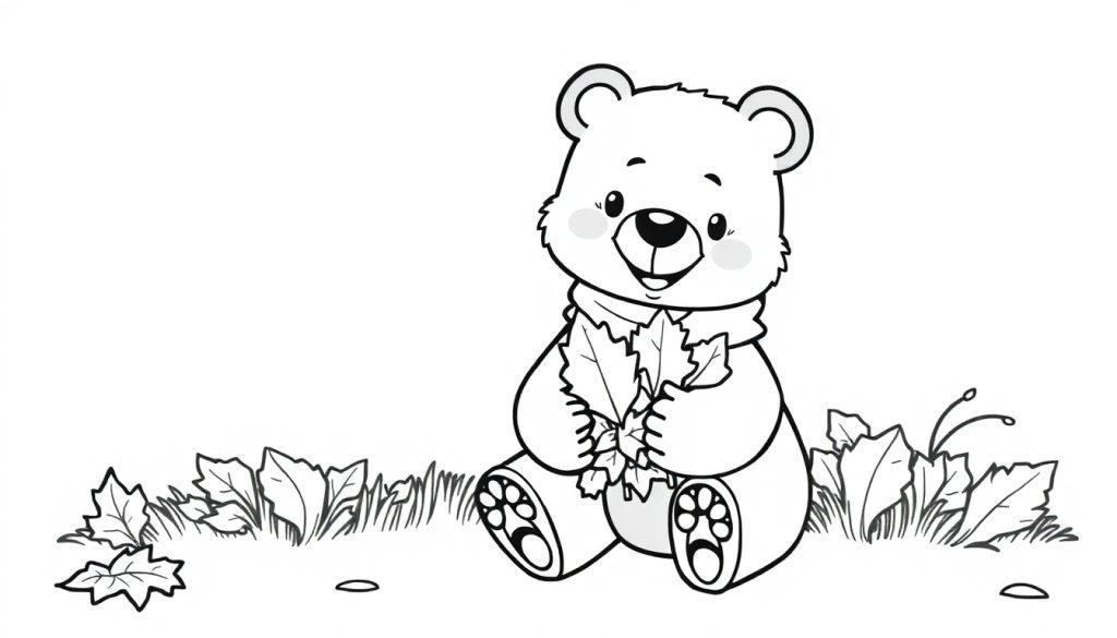 Eine niedliche Schwarz-Weiß-Farbtafel eines Teddybären, der Herbstblätter sammelt.