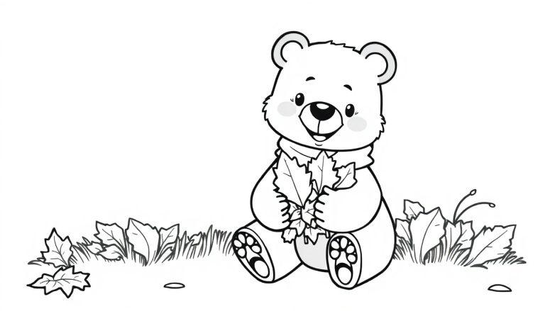 Eine niedliche Schwarz-Weiß-Farbtafel eines Teddybären, der Herbstblätter sammelt.