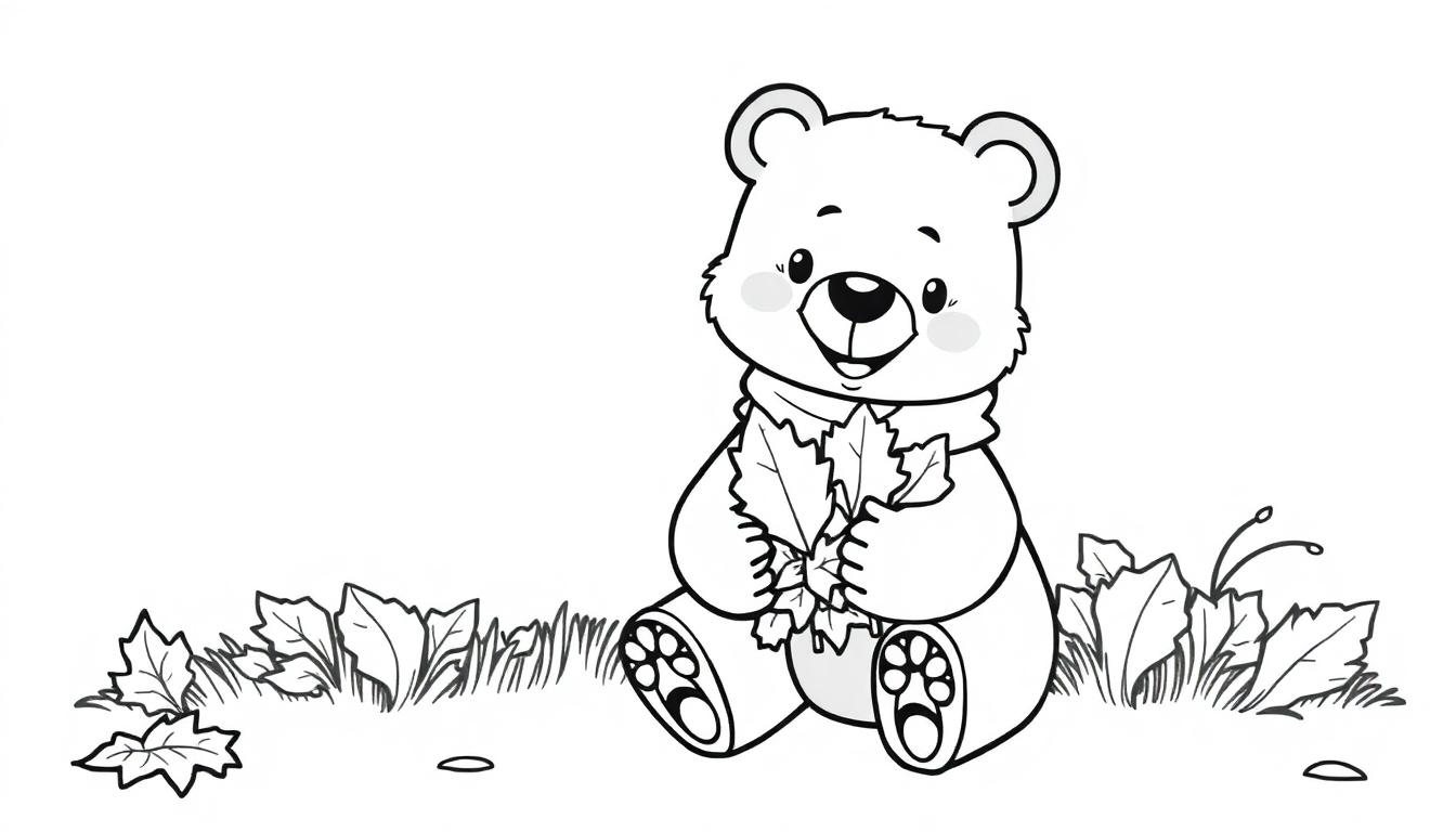 Eine niedliche Schwarz-Weiß-Farbtafel eines Teddybären, der Herbstblätter sammelt.