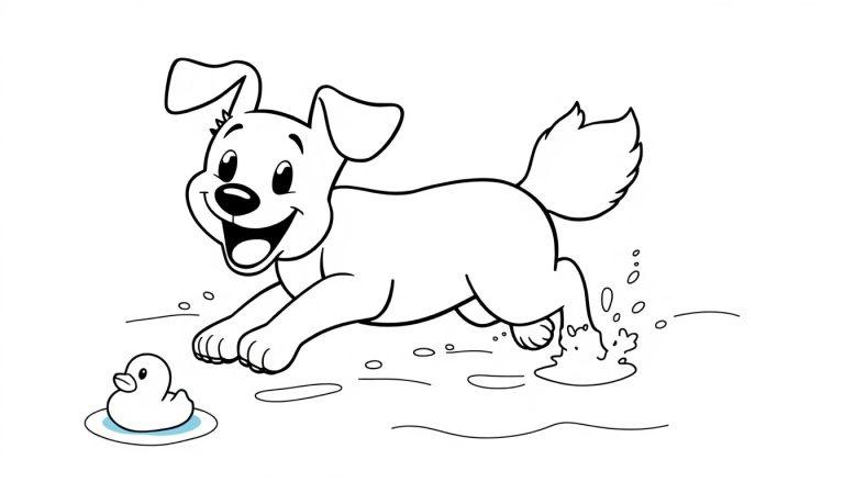 Schwarz-weiße Farbtafel eines fröhlichen Hundes, der im Wasser planscht und eine gelbe Badeente jagt.