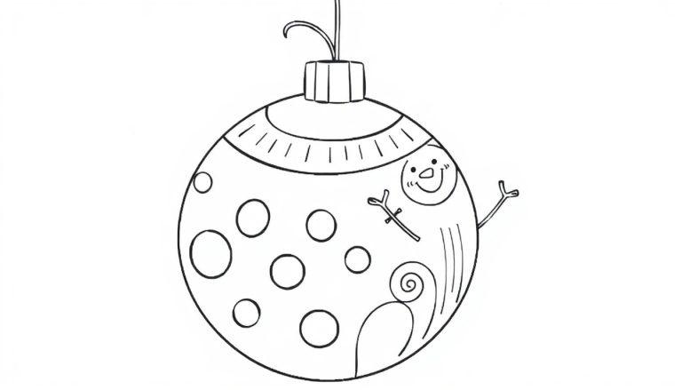 Eine niedliche Cartoon-Weihnachtsbaumkugel mit einem Schneemann und Punkten, bereit zum Ausmalen, als Farbtafel.