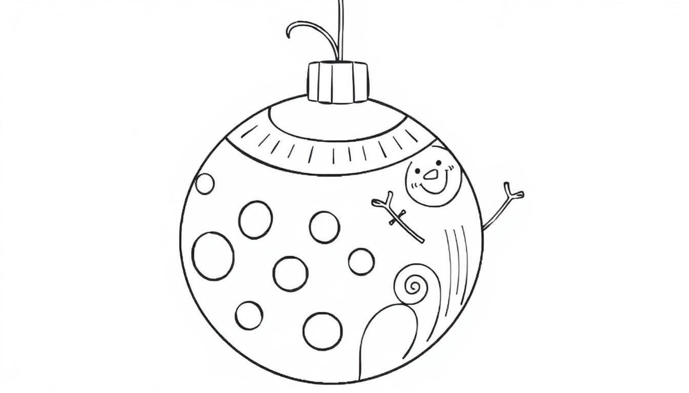 Eine niedliche Cartoon-Weihnachtsbaumkugel mit einem Schneemann und Punkten, bereit zum Ausmalen, als Farbtafel.