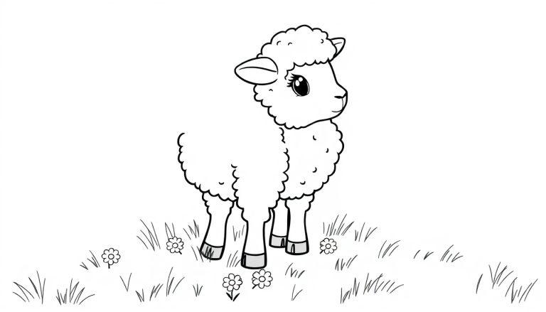 Eine niedliche Cartoon-Farbtafel eines Lamms mit lockigem Fell und großen Augen, das auf vier grauen Füßen in einem Grasfeld mit kleinen Blumen steht.