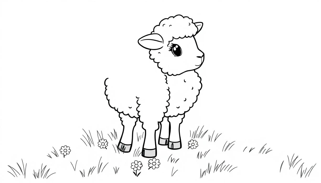 Eine niedliche Cartoon-Farbtafel eines Lamms mit lockigem Fell und großen Augen, das auf vier grauen Füßen in einem Grasfeld mit kleinen Blumen steht.