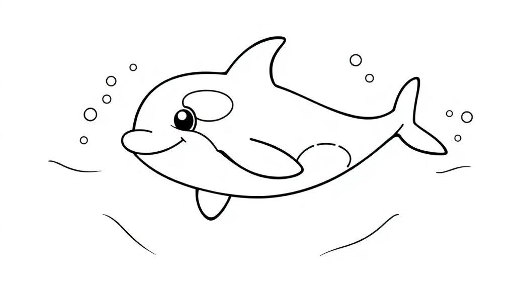Schwarz-weiße Ausmalvorlage: Ein niedlicher Orca schwimmt fröhlich durch das Meer, umgeben von sprudelndem Wasser und kleinen Wellen, eine Farbtafel für Kinder.