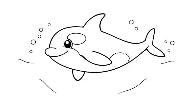 Schwarz-weiße Ausmalvorlage: Ein niedlicher Orca schwimmt fröhlich durch das Meer, umgeben von sprudelndem Wasser und kleinen Wellen, eine Farbtafel für Kinder.